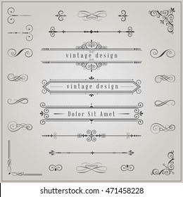 Set of Vintage Decorative Elements. Flourishes Calligraphic Ornaments and Frames. Retro Style Design Collection for Invitations, Banners, Posters, Placards, Badges and Logotypes
