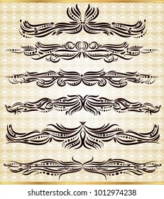 Set of vintage decorative elements with gold ribbon