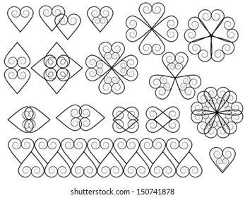 set of vintage decorative elements made of hearts