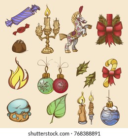 Set of vintage decorative elements for New Year and Christmas design. Sweets, toys and decorations.