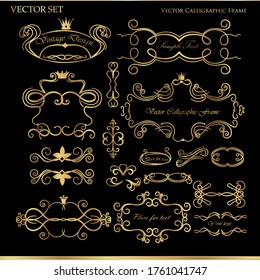 Set of vintage decorative elements and ornaments on a black background.	