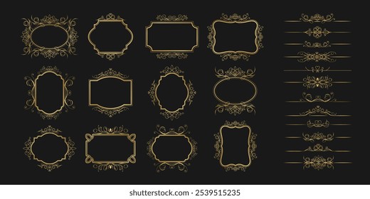 Set of vintage decorative gold calligraphic ornamental borders and frames. Elegant floral ornamental borders. Vector template