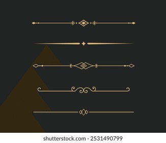 Conjunto de líneas doradas decorativas de Antiguas. divisores de texto. borde de línea. Separadores de líneas de oro, bordes, divisores de Antiguas, Elementos de subrayado. Ilustración vectorial