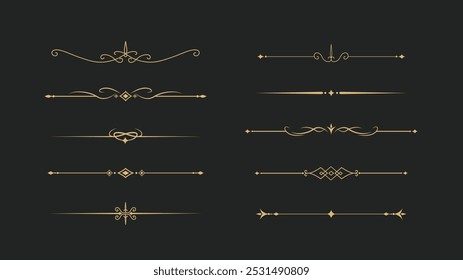 Conjunto de líneas doradas decorativas de Antiguas. divisores de texto. borde de línea. Separadores de líneas de oro, bordes, divisores de Antiguas, Elementos de subrayado. Ilustración vectorial