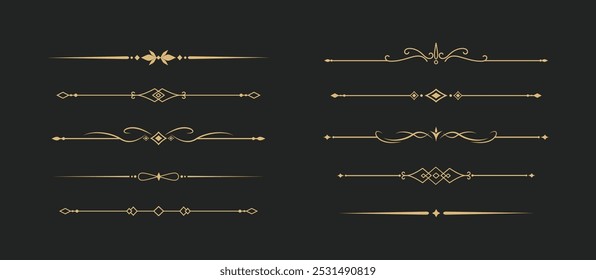 Conjunto de líneas doradas decorativas de Antiguas. divisores de texto. borde de línea. Separadores de líneas de oro, bordes, divisores de Antiguas, Elementos de subrayado. Ilustración vectorial