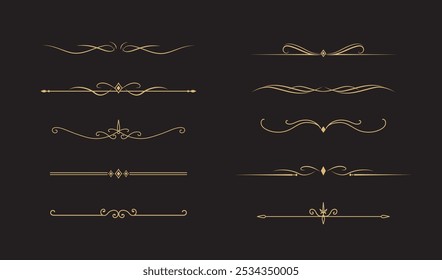 Conjunto de líneas doradas decorativas de Antiguas. divisores de texto. borde de línea. Separadores de líneas de oro, bordes, divisores de Antiguas, Elementos de subrayado. Ilustración vectorial