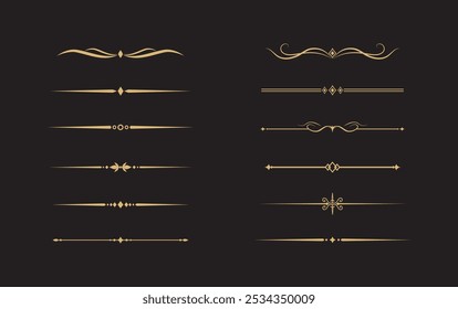 Conjunto de líneas doradas decorativas de Antiguas. divisores de texto. borde de línea. Separadores de líneas de oro, bordes, divisores de Antiguas, Elementos de subrayado. Ilustración vectorial