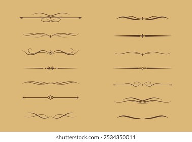 Conjunto de líneas doradas decorativas de Antiguas. divisores de texto. borde de línea. Separadores de líneas de oro, bordes, divisores de Antiguas, Elementos de subrayado. Ilustración vectorial