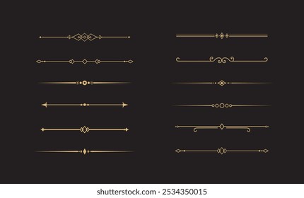 Conjunto de líneas doradas decorativas de Antiguas. divisores de texto. borde de línea. Separadores de líneas de oro, bordes, divisores de Antiguas, Elementos de subrayado. Ilustración vectorial