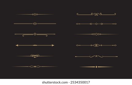 Conjunto de líneas doradas decorativas de Antiguas. divisores de texto. borde de línea. Separadores de líneas de oro, bordes, divisores de Antiguas, Elementos de subrayado. Ilustración vectorial