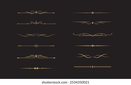 Conjunto de líneas doradas decorativas de Antiguas. divisores de texto. borde de línea. Separadores de líneas de oro, bordes, divisores de Antiguas, Elementos de subrayado. Ilustración vectorial