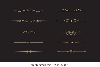 Conjunto de líneas doradas decorativas de Antiguas. divisores de texto. borde de línea. Separadores de líneas de oro, bordes, divisores de Antiguas, Elementos de subrayado. Ilustración vectorial