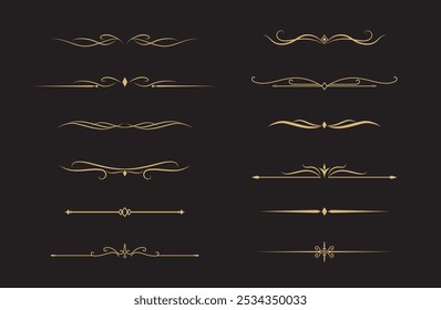 Conjunto de líneas doradas decorativas de Antiguas. divisores de texto. borde de línea. Separadores de líneas de oro, bordes, divisores de Antiguas, Elementos de subrayado. Ilustración vectorial