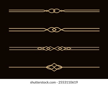 Conjunto de líneas doradas decorativas de Antiguas. divisores de texto. Borde de la línea dorada. Separadores de líneas, bordes, divisores de Antiguas, Elementos de subrayado. Ilustración vectorial