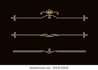 Conjunto de líneas doradas decorativas de Antiguas. divisores de texto. Borde de la línea dorada. Separadores de líneas, bordes, divisores de Antiguas, Elementos de subrayado. Ilustración vectorial