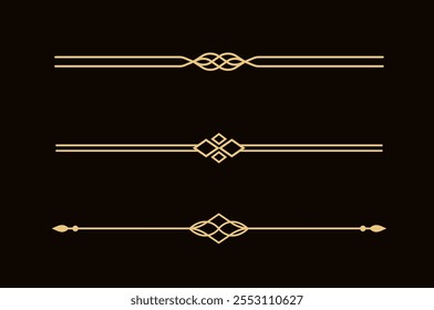 Conjunto de líneas doradas decorativas de Antiguas. divisores de texto. Borde de la línea dorada. Separadores de líneas, bordes, divisores de Antiguas, Elementos de subrayado. Ilustración vectorial