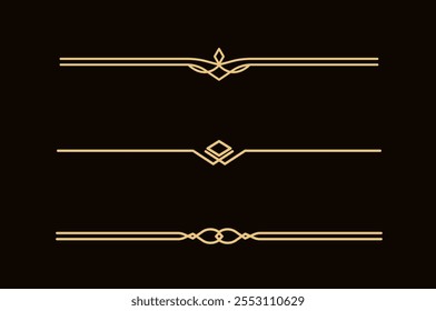 Conjunto de líneas doradas decorativas de Antiguas. divisores de texto. Borde de la línea dorada. Separadores de líneas, bordes, divisores de Antiguas, Elementos de subrayado. Ilustración vectorial