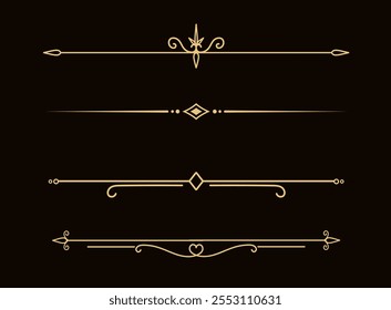 Conjunto de líneas doradas decorativas de Antiguas. divisores de texto. Borde de la línea dorada. Separadores de líneas, bordes, divisores de Antiguas, Elementos de subrayado. Ilustración vectorial