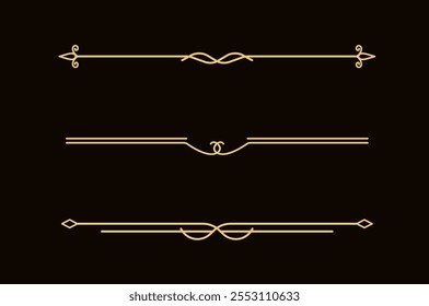 Conjunto de líneas doradas decorativas de Antiguas. divisores de texto. Borde de la línea dorada. Separadores de líneas, bordes, divisores de Antiguas, Elementos de subrayado. Ilustración vectorial