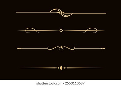 Conjunto de líneas doradas decorativas de Antiguas. divisores de texto. Borde de la línea dorada. Separadores de líneas, bordes, divisores de Antiguas, Elementos de subrayado. Ilustración vectorial