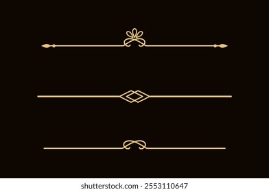 Conjunto de líneas doradas decorativas de Antiguas. divisores de texto. Borde de la línea dorada. Separadores de líneas, bordes, divisores de Antiguas, Elementos de subrayado. Ilustración vectorial