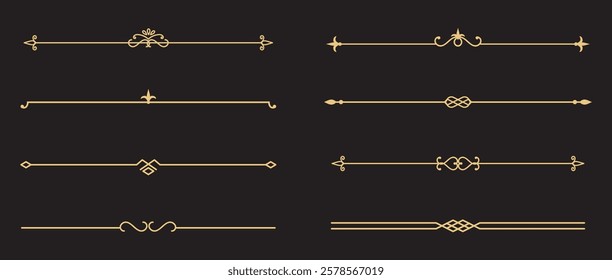 Set of Vintage decorative golden lines. text dividers. Gold line border. Lines separators, Borders, Vintage dividers, Underline elements. Vector illustration