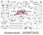 Set of vintage decorative hand drawn vector ribbon flags. Empty banner for old looking design of label, text header,  title, calligraphy or lettering. Useful pretty tool, illustration in doodle style.
