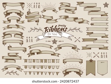 Conjunto de banderas de cinta vectorial decorativa vintage dibujadas a mano. Banner vacío para el diseño antiguo de etiqueta, encabezado de texto, título, caligrafía o letras. Útil herramienta bonita, ilustración en estilo doodle.