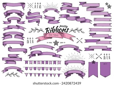 Set of vintage decorative hand drawn vector ribbon flags. Empty banner for old looking design of label, text header,  title, calligraphy or lettering. Useful pretty tool, illustration in doodle style.