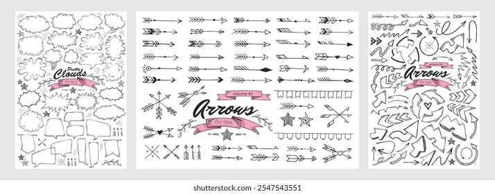 Set of vintage decorative hand drawn vector Arrows. Elements for old looking design of label, text header,  title, calligraphy or lettering. Useful pretty tool, illustration in doodle style.