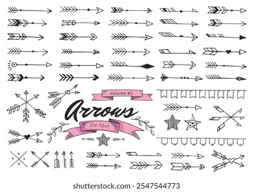 Set of vintage decorative hand drawn vector Arrows. Elements for old looking design of label, text header,  title, calligraphy or lettering. Useful pretty tool, illustration in doodle style.