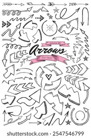 Set of vintage decorative hand drawn vector Arrows. Elements for old looking design of label, text header,  title, calligraphy or lettering. Useful pretty tool, illustration in doodle style.