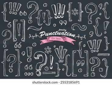 Set of vintage decorative hand drawn vector punctuation signs. Quotes, dot, comma, dash, curly brace, parentheses, exclamation point, question mark, tilde. Useful pretty tool for graphic design.