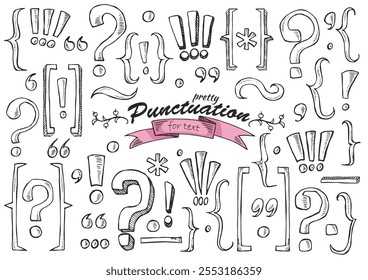 Set of vintage decorative hand drawn vector punctuation signs. Quotes, dot, comma, dash, curly brace, parentheses, exclamation point, question mark, tilde. Useful pretty tool for graphic design.