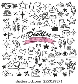 Set of vintage decorative hand drawn vector doodle icons. Smiles, letter, valentine, eye, pet, feather, bird, sun, cup, message, moon, clouds, star, lightning, rainbow, emotions, delete, check, swirl.