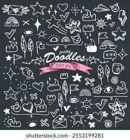 Set of vintage decorative hand drawn vector doodle icons. Smiles, letter, valentine, eye, pet, feather, bird, sun, cup, message, moon, clouds, star, lightning, rainbow, emotions, delete, check, swirl.