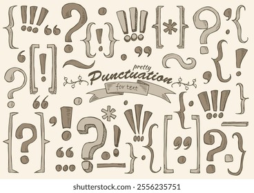 Set of vintage decorative hand drawn vector punctuation signs. Quotes, dot, comma, dash, curly brace, parentheses, exclamation point, question mark, tilde. Useful pretty tool for graphic design.