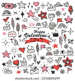 Set of vintage decorative hand drawn vector doodle icons. Smiles, letter, valentine, eye, pet, feather, bird, sun, cup, message, moon, clouds, star, lightning, rainbow, emotions, delete, check, swirl.