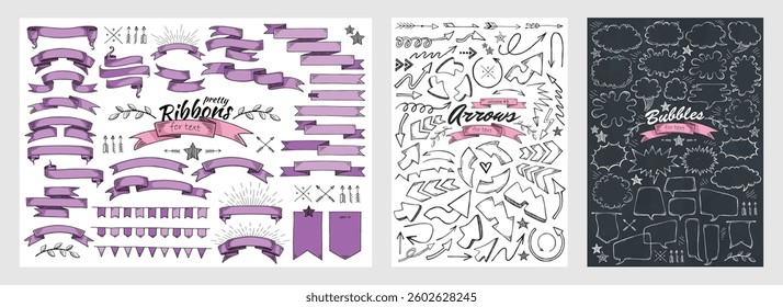 Set of vintage decorative hand drawn vector ribbon flags, arrows and bubbles. Empty banner for old looking design of label, text header,  title, calligraphy or lettering. Doodle style illustration.