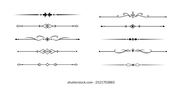 Conjunto de linhas decorativas vintage. divisores de texto. Borda da linha. Separadores de linhas, Bordas, Divisores antigos, Elementos sublinhados. Ilustração vetorial