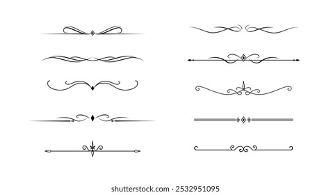 Conjunto de líneas decorativas de Antiguas. divisores de texto. Borde de línea. Separadores de líneas, bordes, divisores de Antiguas, Elementos de subrayado. Ilustración vectorial