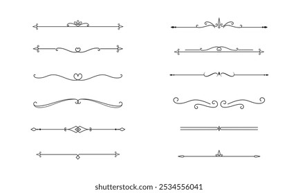 Conjunto de líneas decorativas de Antiguas. divisores de texto. Borde de línea. Separadores de líneas, bordes, divisores de Antiguas, Elementos de subrayado. Ilustración vectorial