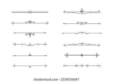 Conjunto de líneas decorativas de Antiguas. divisores de texto. Borde de línea. Separadores de líneas, bordes, divisores de Antiguas, Elementos de subrayado. Ilustración vectorial