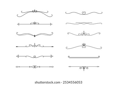 Conjunto de líneas decorativas de Antiguas. divisores de texto. Borde de línea. Separadores de líneas, bordes, divisores de Antiguas, Elementos de subrayado. Ilustración vectorial