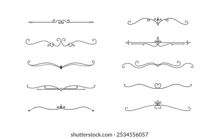 Conjunto de líneas decorativas de Antiguas. divisores de texto. Borde de línea. Separadores de líneas, bordes, divisores de Antiguas, Elementos de subrayado. Ilustración vectorial