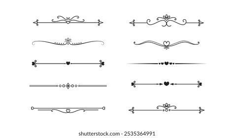 Conjunto de líneas decorativas de Antiguas. divisores de texto. Borde de línea. Separadores de líneas, bordes, divisores de Antiguas, Elementos de subrayado. Ilustración vectorial