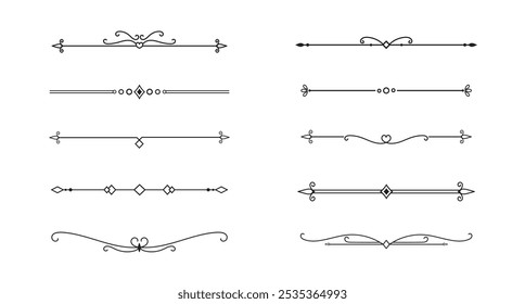 Conjunto de líneas decorativas de Antiguas. divisores de texto. Borde de línea. Separadores de líneas, bordes, divisores de Antiguas, Elementos de subrayado. Ilustración vectorial