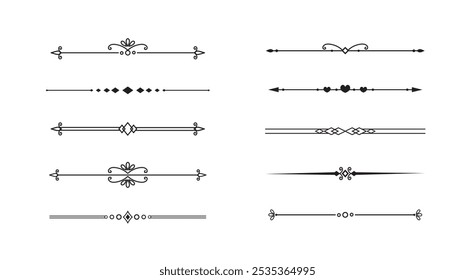 Conjunto de líneas decorativas de Antiguas. divisores de texto. Borde de línea. Separadores de líneas, bordes, divisores de Antiguas, Elementos de subrayado. Ilustración vectorial