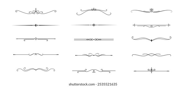 Conjunto de líneas decorativas de Antiguas. divisores de texto. Borde de línea. Separadores de líneas, bordes, divisores de Antiguas, Elementos de subrayado. Ilustración vectorial