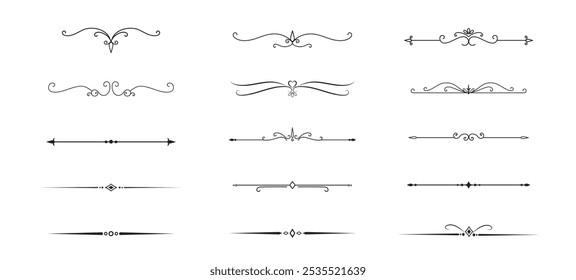 Conjunto de líneas decorativas de Antiguas. divisores de texto. Borde de línea. Separadores de líneas, bordes, divisores de Antiguas, Elementos de subrayado. Ilustración vectorial